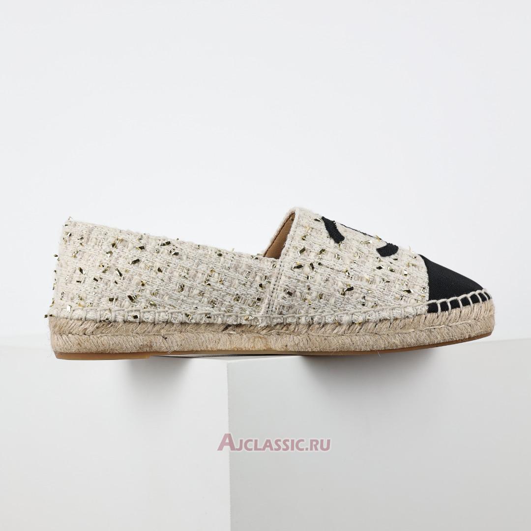 New Chanel Espadrille Tweed Leather Cap Toe Cc Flats "White Black Gold" CC-0707N-0008 Shoes