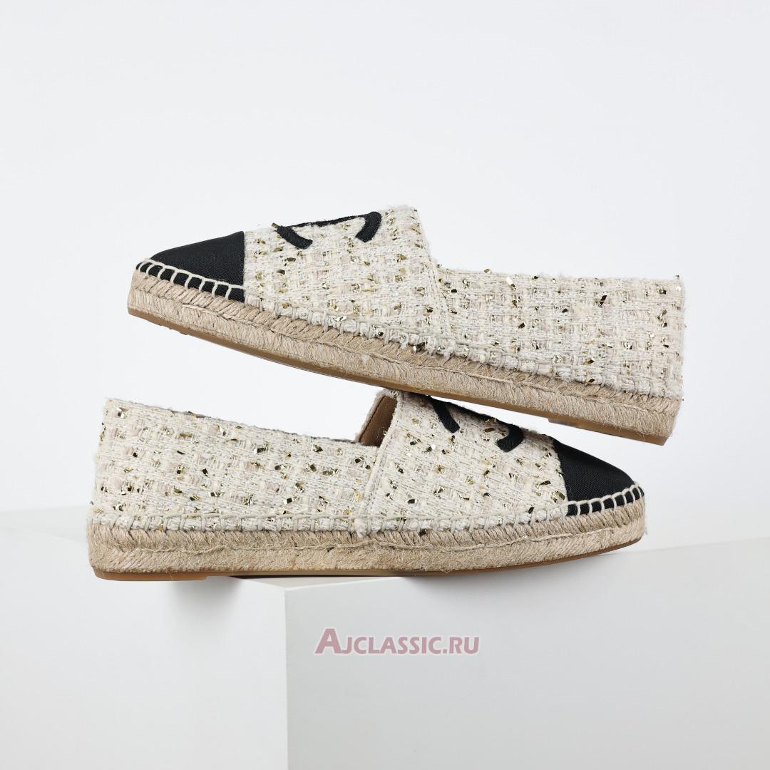 New Chanel Espadrille Tweed Leather Cap Toe Cc Flats "White Black Gold" CC-0707N-0008 Shoes