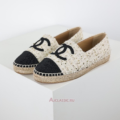 Buy Chanel Espadrille Tweed Leather Cap Toe Cc Flats White Black Gold White CC-0707N-0008 Quality Reps Replicas Shoes