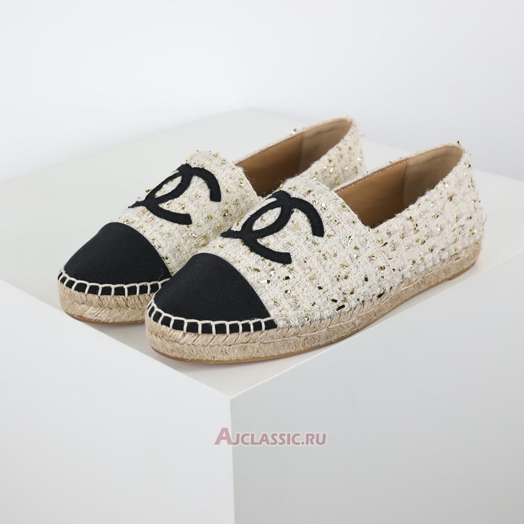 New Chanel Espadrille Tweed Leather Cap Toe Cc Flats "White Black Gold" CC-0707N-0008 Shoes