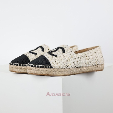 Buy Chanel Espadrille Tweed Leather Cap Toe Cc Flats White Black Gold White CC-0707N-0008 Quality Reps Replicas Shoes