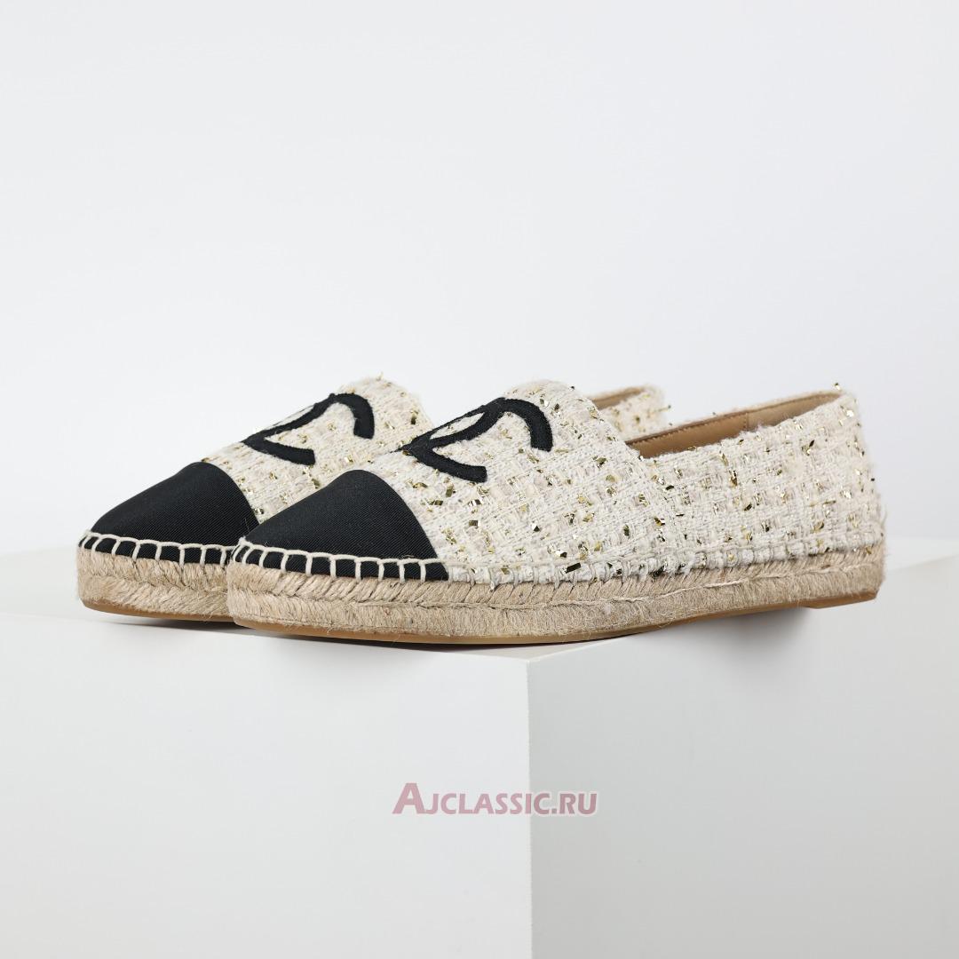 New Chanel Espadrille Tweed Leather Cap Toe Cc Flats "White Black Gold" CC-0707N-0008 Shoes