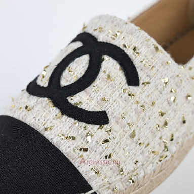 Buy Chanel Espadrille Tweed Leather Cap Toe Cc Flats White Black Gold White CC-0707N-0008 Quality Reps Replicas Shoes