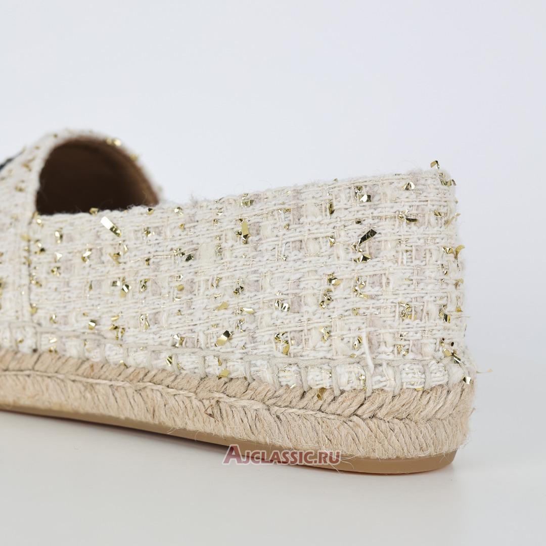 New Chanel Espadrille Tweed Leather Cap Toe Cc Flats "White Black Gold" CC-0707N-0008 Shoes
