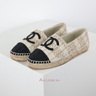 Buy Chanel Tweed Grosgrain CC Espadrilles Beige Black Beige CC-0707N-0008-2 Quality Reps Replicas Shoes