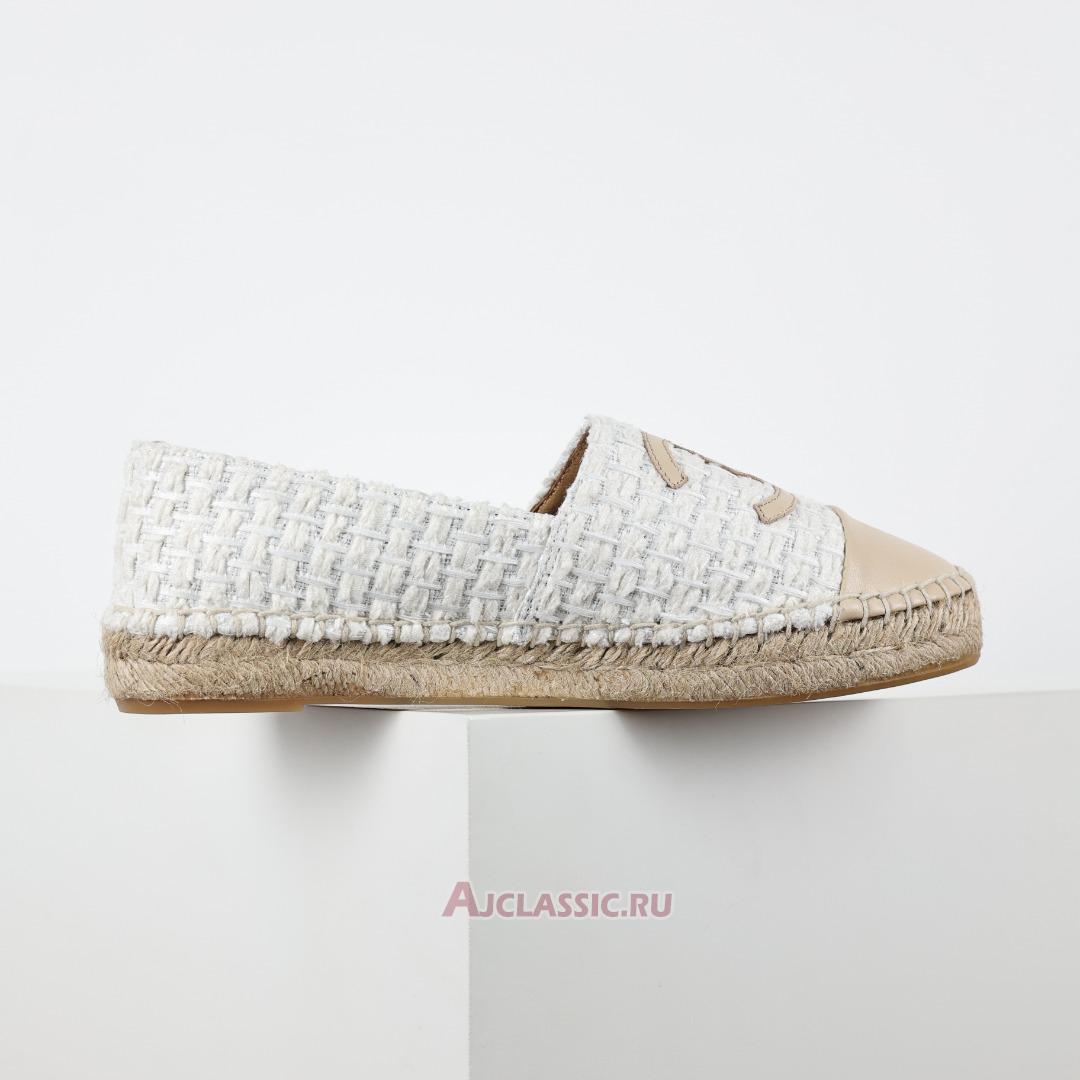 New Chanel Tweed and Patent Leather CC Flat Espadrilles "White Beige" CC-0707N-0008-5 Shoes