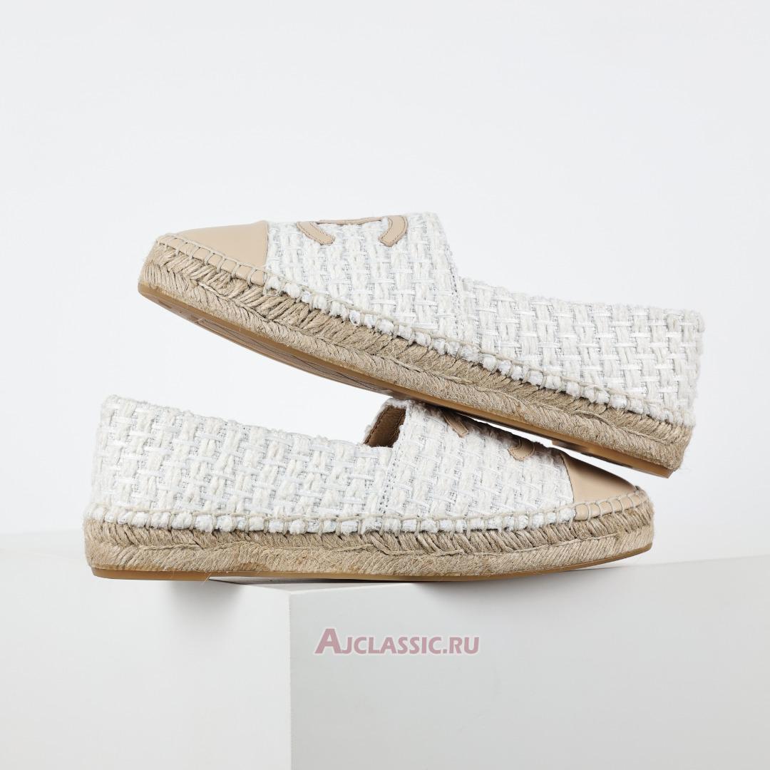 New Chanel Tweed and Patent Leather CC Flat Espadrilles "White Beige" CC-0707N-0008-5 Shoes