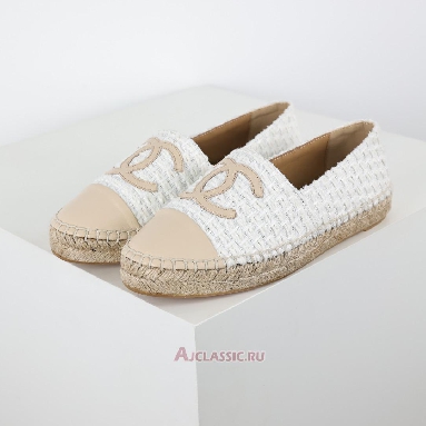 Buy Chanel Tweed and Patent Leather CC Flat Espadrilles White Beige White CC-0707N-0008-5 Quality Reps Replicas Shoes