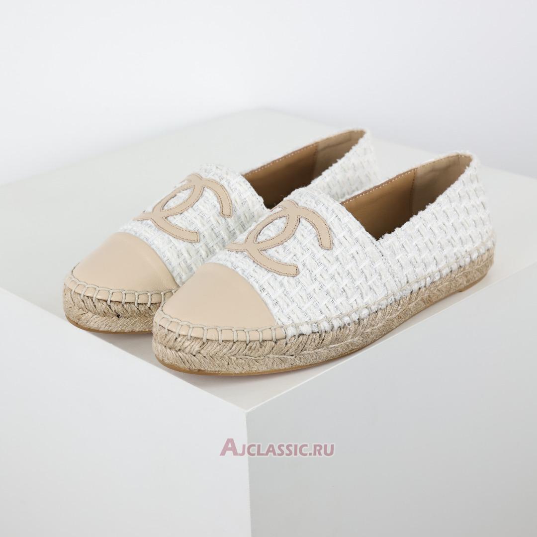 New Chanel Tweed and Patent Leather CC Flat Espadrilles "White Beige" CC-0707N-0008-5 Shoes