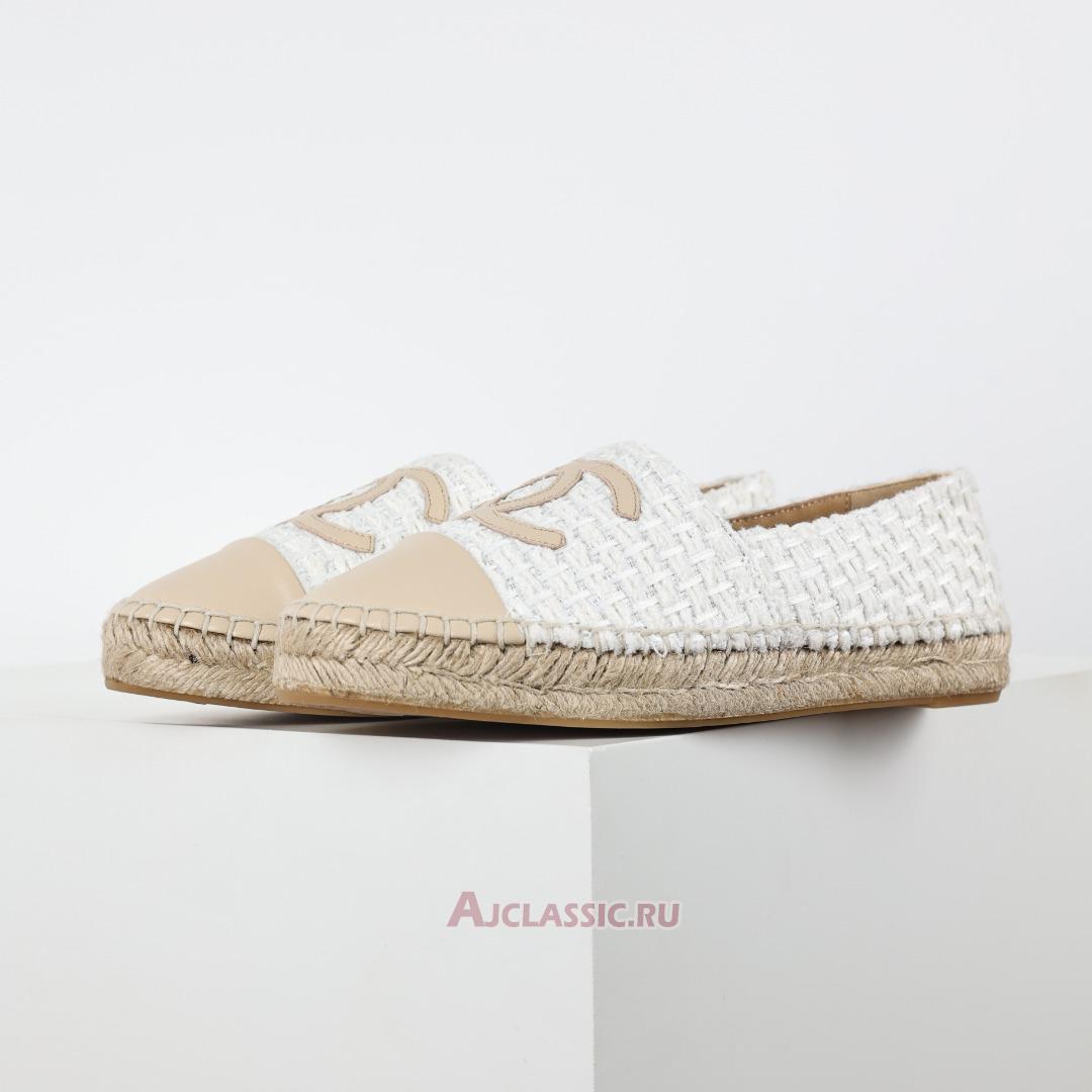 New Chanel Tweed and Patent Leather CC Flat Espadrilles "White Beige" CC-0707N-0008-5 Shoes