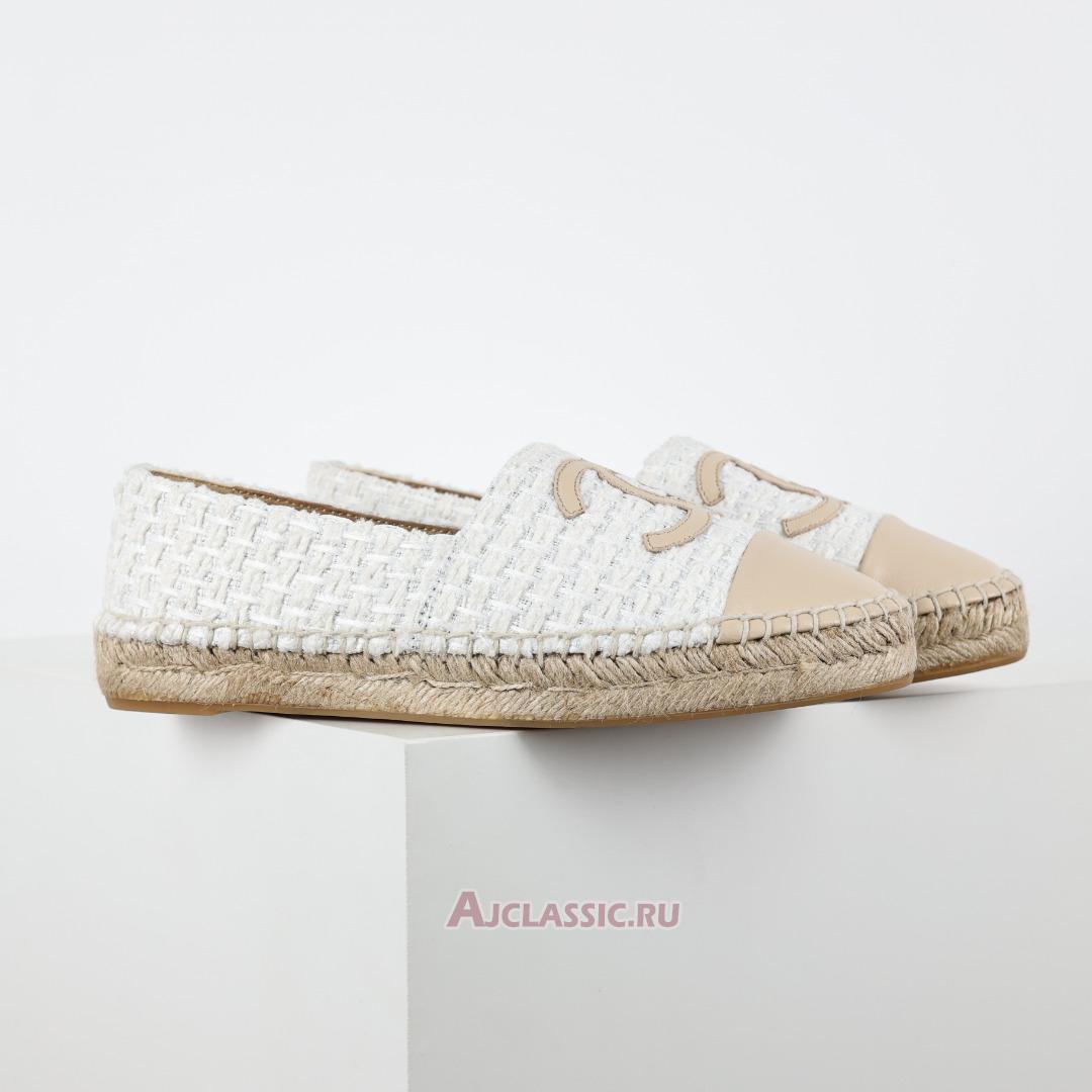 New Chanel Tweed and Patent Leather CC Flat Espadrilles "White Beige" CC-0707N-0008-5 Shoes