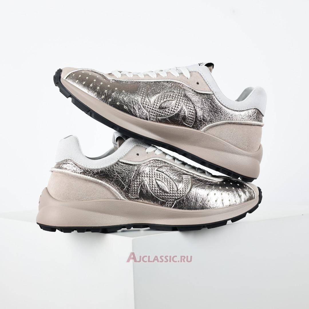 New Chanel Laminated Calfskin Suede CC Sneakers "Silver Beige" G39792-Y56368-K5451-3 Shoes