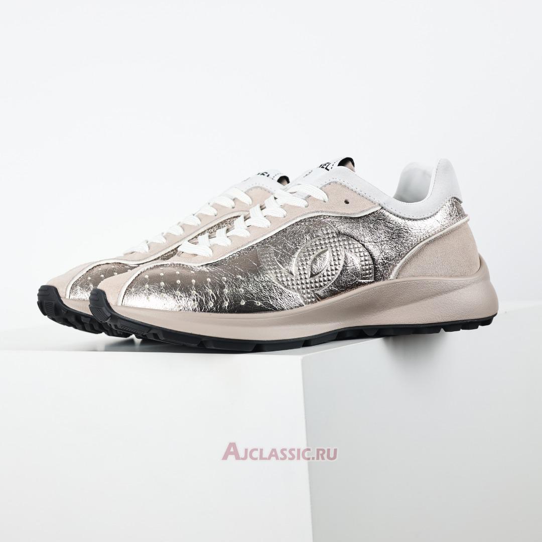 New Chanel Laminated Calfskin Suede CC Sneakers "Silver Beige" G39792-Y56368-K5451-3 Shoes
