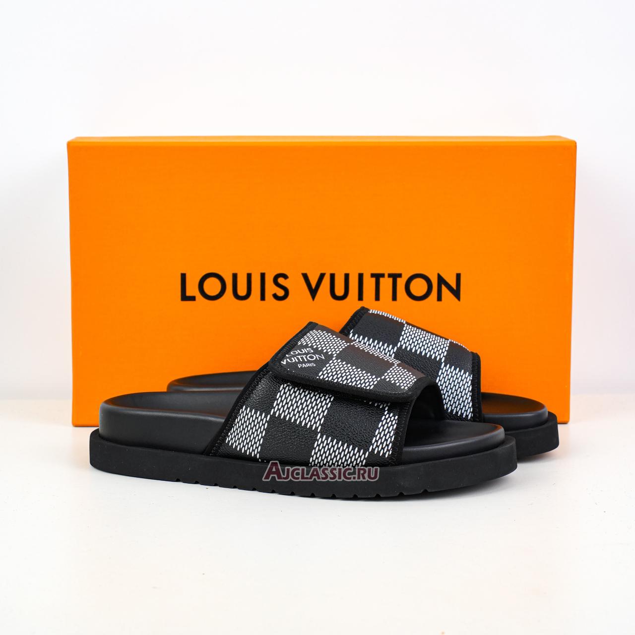 New Louis Vuitton LV Miami Leather Slippers "Velcro Comfort Slip-on Fashion Slide Black White" 1AANB7-2 Shoes