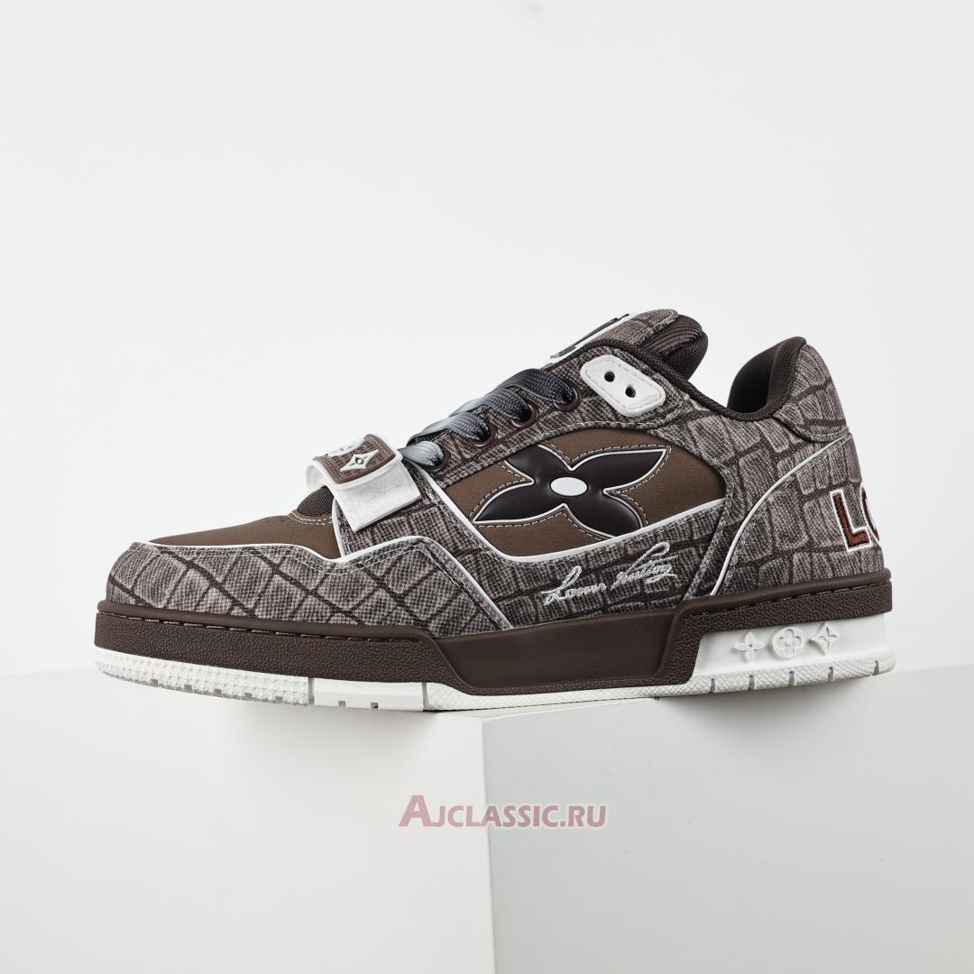 New Louis Vuitton LV Trainers Sneaker "Mocha Brown Croc-Embossed Denim" 1ADE26 Shoes