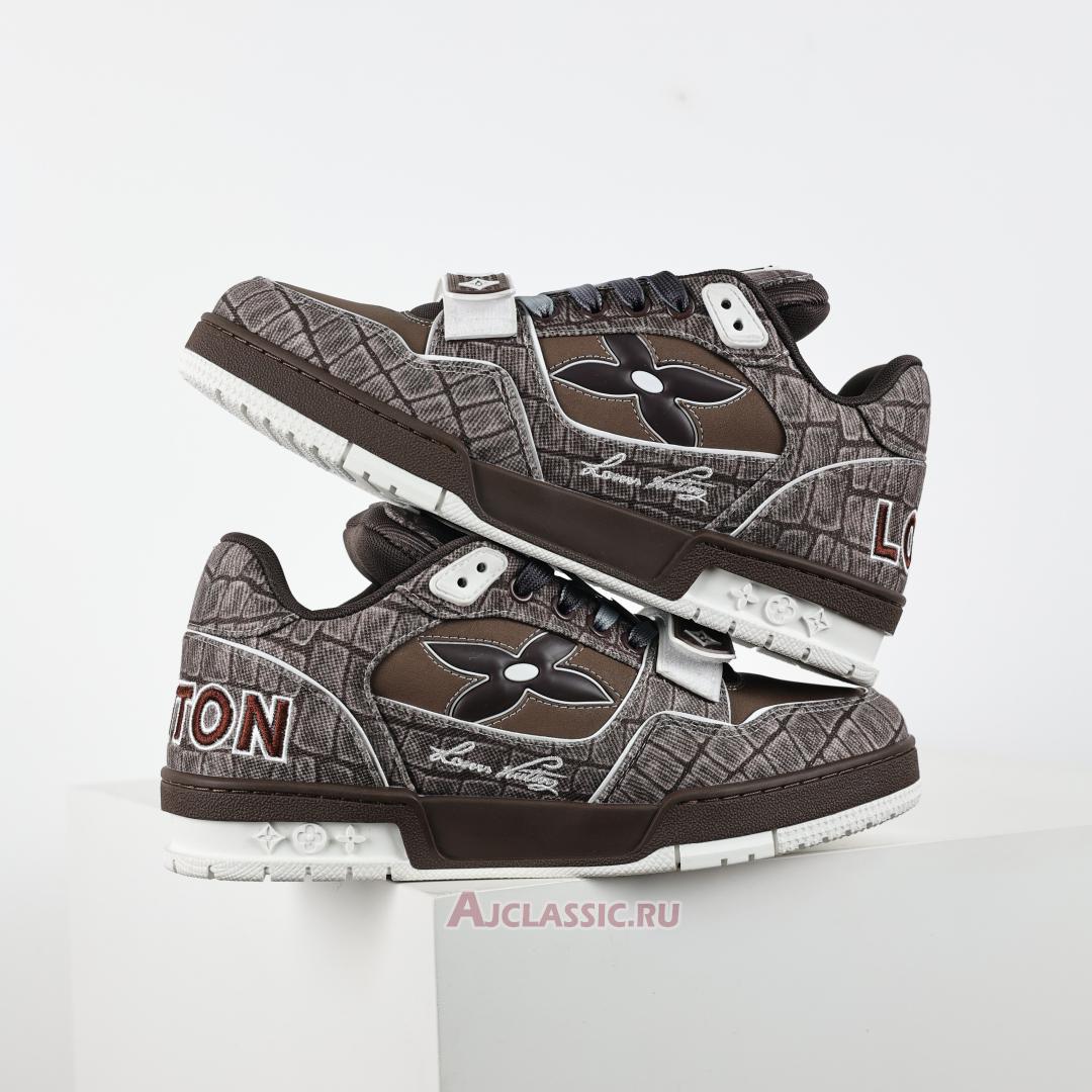 New Louis Vuitton LV Trainers Sneaker "Mocha Brown Croc-Embossed Denim" 1ADE26 Shoes