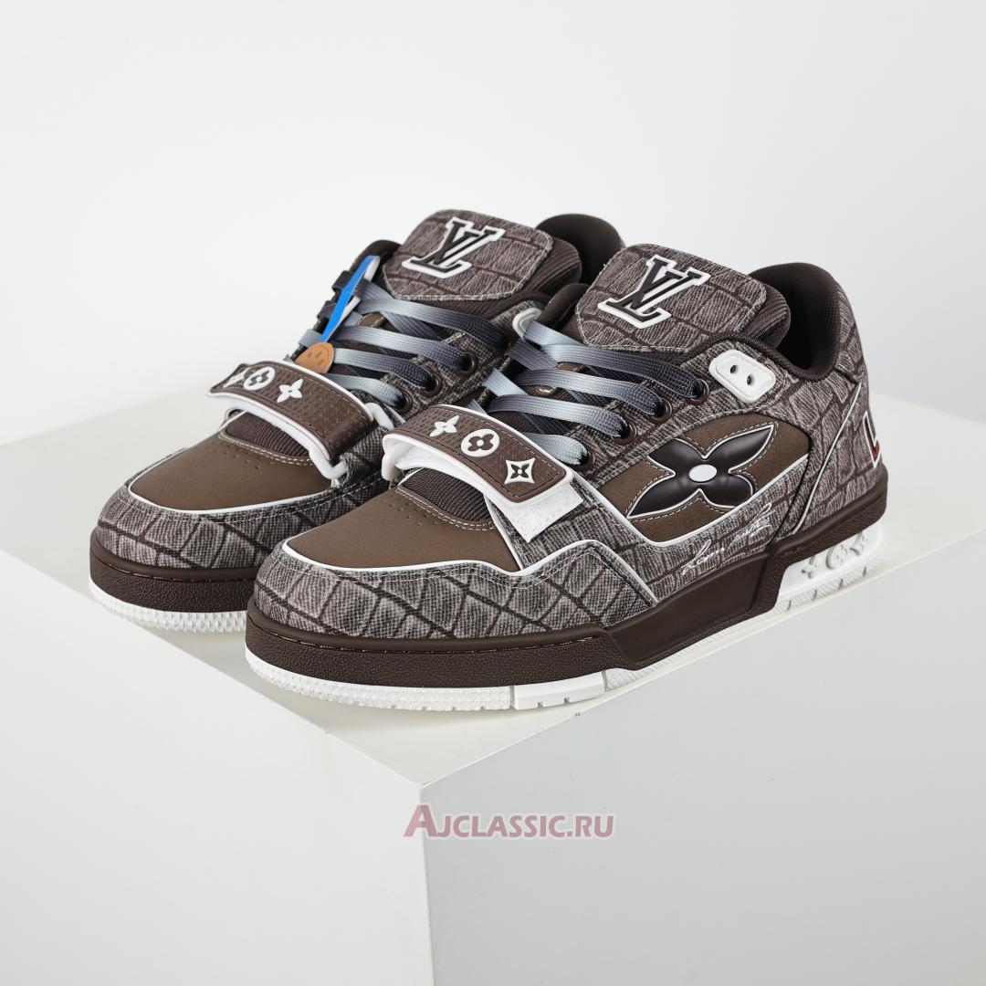 New Louis Vuitton LV Trainers Sneaker "Mocha Brown Croc-Embossed Denim" 1ADE26 Shoes