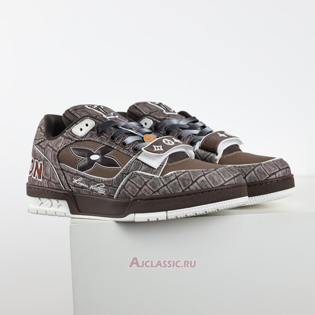 New Louis Vuitton LV Trainers Sneaker "Mocha Brown Croc-Embossed Denim" 1ADE26 Shoes