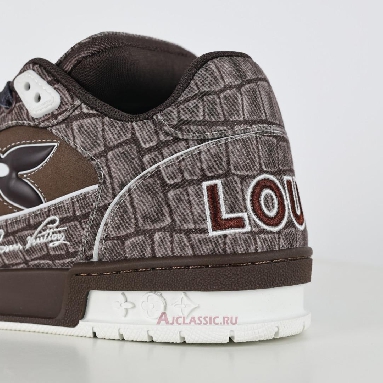 Buy Louis Vuitton LV Trainers Sneaker Mocha Brown Croc-Embossed Denim Brown 1ADE26 Quality Reps Replicas Shoes