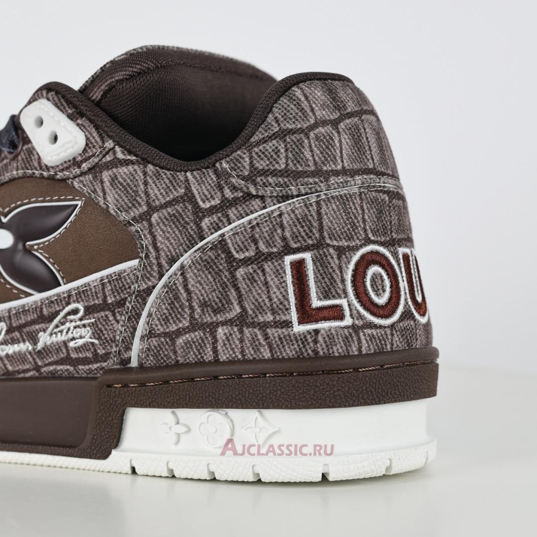 New Louis Vuitton LV Trainers Sneaker "Mocha Brown Croc-Embossed Denim" 1ADE26 Shoes
