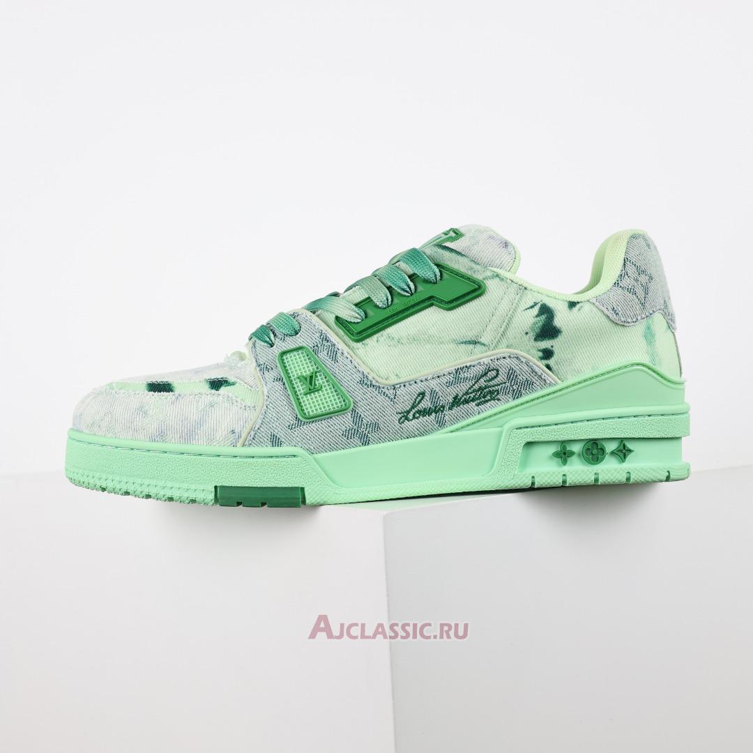 New Louis Vuitton LV Trainer Sneaker "Green Bleached Monogram Denim" 1ACVNW-2 Shoes